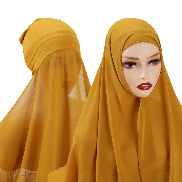 Chiffon Hijab With Bonnet Elastic Rope Cap Bubble Heavy Solid Color Inner Scarf Headband Stretch Hijab Cover Headwrap Turbante