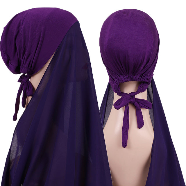 Chiffon Hijab With Bonnet Elastic Rope Cap Bubble Heavy Solid Color Inner Scarf Headband Stretch Hijab Cover Headwrap Turbante