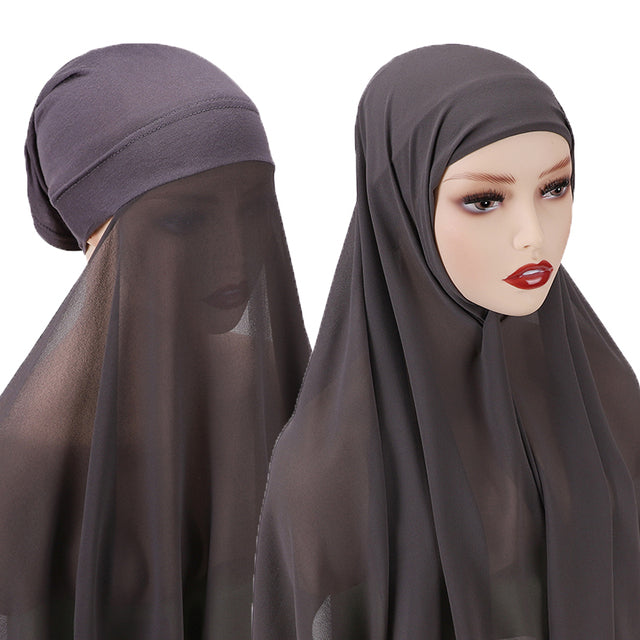 Chiffon Hijab With Bonnet Elastic Rope Cap Bubble Heavy Solid Color Inner Scarf Headband Stretch Hijab Cover Headwrap Turbante