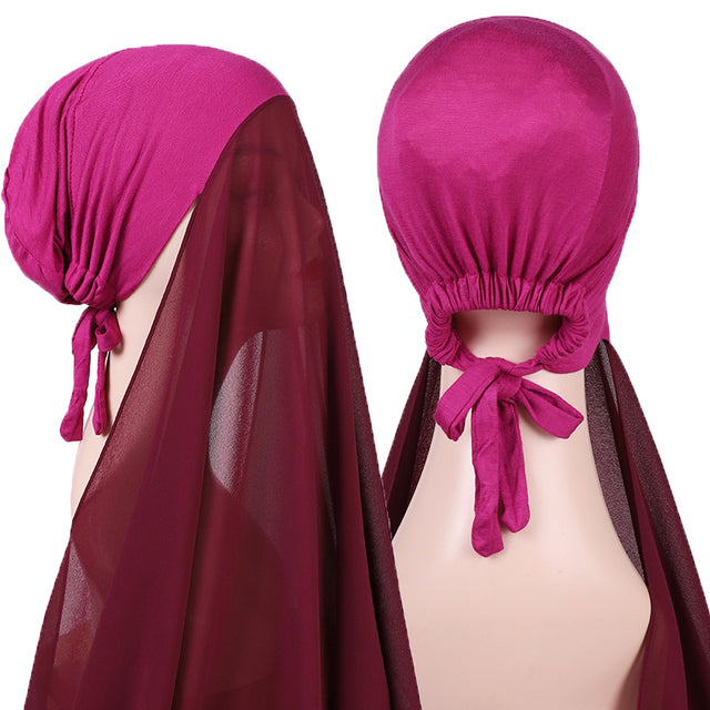 Chiffon Hijab With Bonnet Elastic Rope Cap Bubble Heavy Solid Color Inner Scarf Headband Stretch Hijab Cover Headwrap Turbante