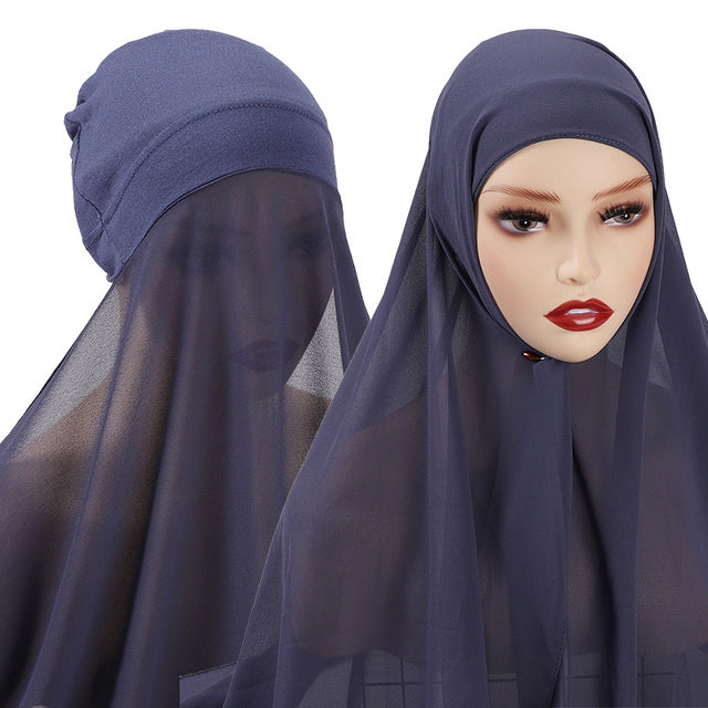 Chiffon Hijab With Bonnet Elastic Rope Cap Bubble Heavy Solid Color Inner Scarf Headband Stretch Hijab Cover Headwrap Turbante