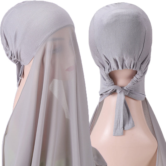 Chiffon Hijab With Bonnet Elastic Rope Cap Bubble Heavy Solid Color Inner Scarf Headband Stretch Hijab Cover Headwrap Turbante