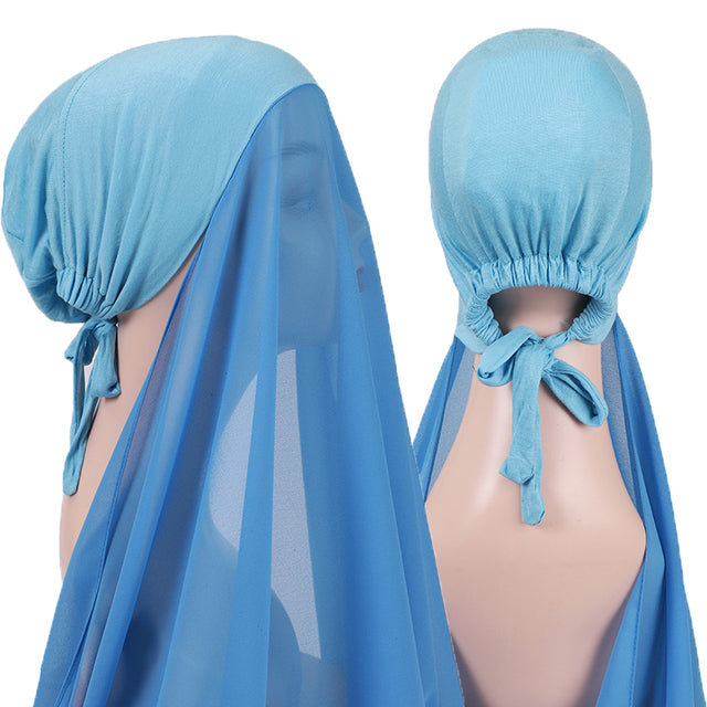 Chiffon Hijab With Bonnet Elastic Rope Cap Bubble Heavy Solid Color Inner Scarf Headband Stretch Hijab Cover Headwrap Turbante