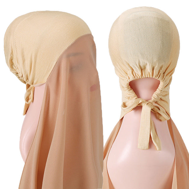 Chiffon Hijab With Bonnet Elastic Rope Cap Bubble Heavy Solid Color Inner Scarf Headband Stretch Hijab Cover Headwrap Turbante