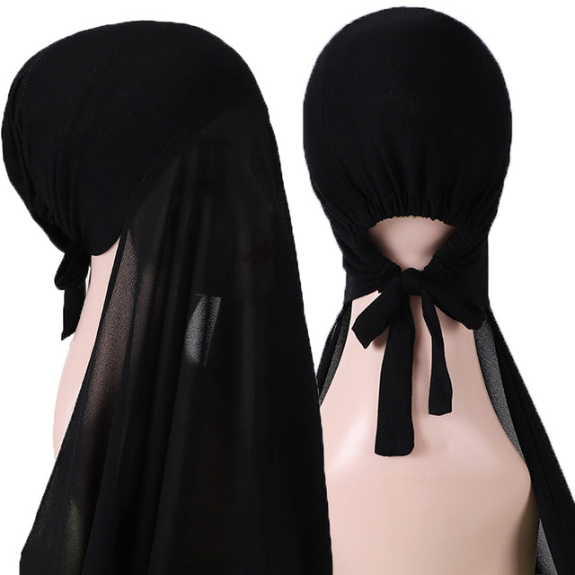 Chiffon Hijab With Bonnet Elastic Rope Cap Bubble Heavy Solid Color Inner Scarf Headband Stretch Hijab Cover Headwrap Turbante