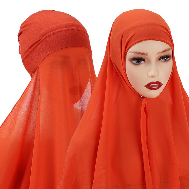 Chiffon Hijab With Bonnet Elastic Rope Cap Bubble Heavy Solid Color Inner Scarf Headband Stretch Hijab Cover Headwrap Turbante