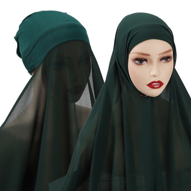 Chiffon Hijab With Bonnet Elastic Rope Cap Bubble Heavy Solid Color Inner Scarf Headband Stretch Hijab Cover Headwrap Turbante