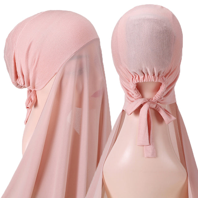 Chiffon Hijab With Bonnet Elastic Rope Cap Bubble Heavy Solid Color Inner Scarf Headband Stretch Hijab Cover Headwrap Turbante