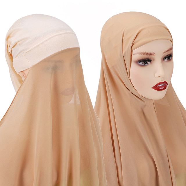 Chiffon Hijab With Bonnet Elastic Rope Cap Bubble Heavy Solid Color Inner Scarf Headband Stretch Hijab Cover Headwrap Turbante