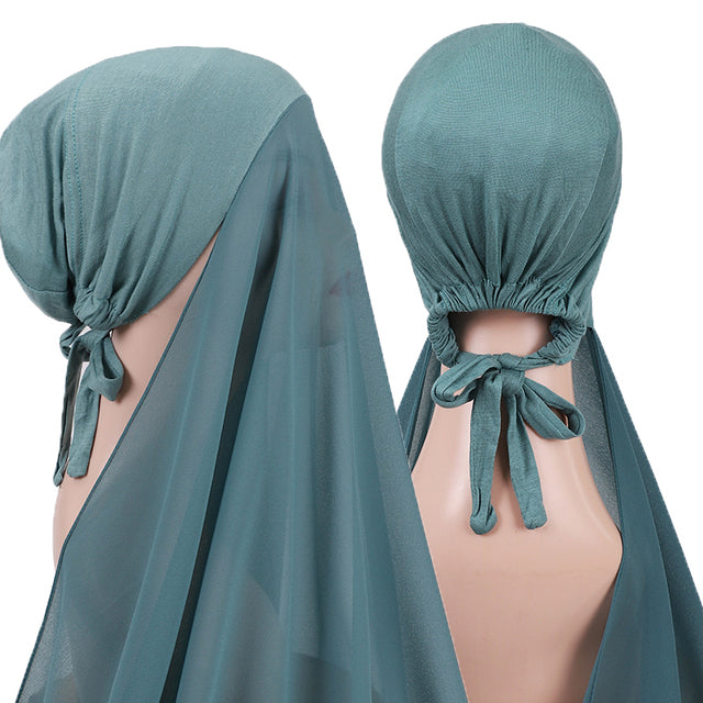 Chiffon Hijab With Bonnet Elastic Rope Cap Bubble Heavy Solid Color Inner Scarf Headband Stretch Hijab Cover Headwrap Turbante