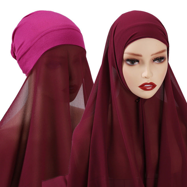 Chiffon Hijab With Bonnet Elastic Rope Cap Bubble Heavy Solid Color Inner Scarf Headband Stretch Hijab Cover Headwrap Turbante