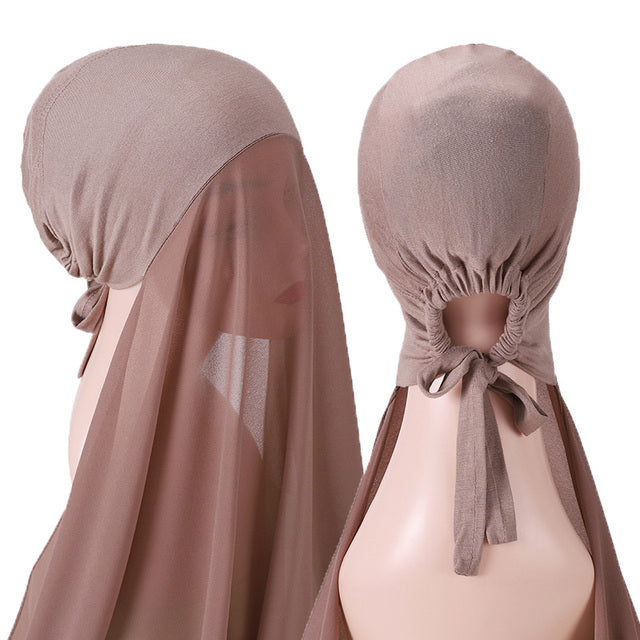 Chiffon Hijab With Bonnet Elastic Rope Cap Bubble Heavy Solid Color Inner Scarf Headband Stretch Hijab Cover Headwrap Turbante