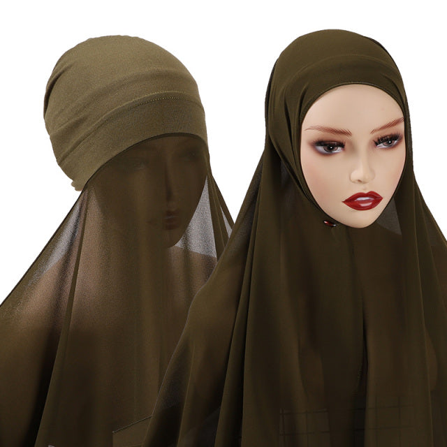 Chiffon Hijab With Bonnet Elastic Rope Cap Bubble Heavy Solid Color Inner Scarf Headband Stretch Hijab Cover Headwrap Turbante