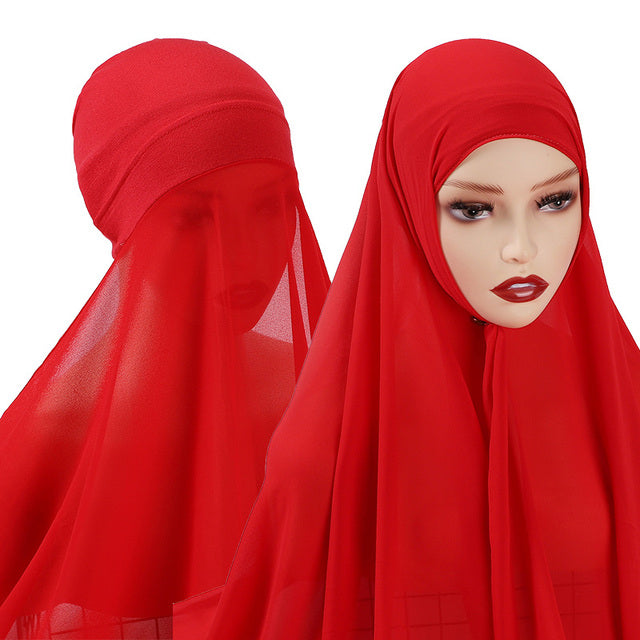 Chiffon Hijab With Bonnet Elastic Rope Cap Bubble Heavy Solid Color Inner Scarf Headband Stretch Hijab Cover Headwrap Turbante