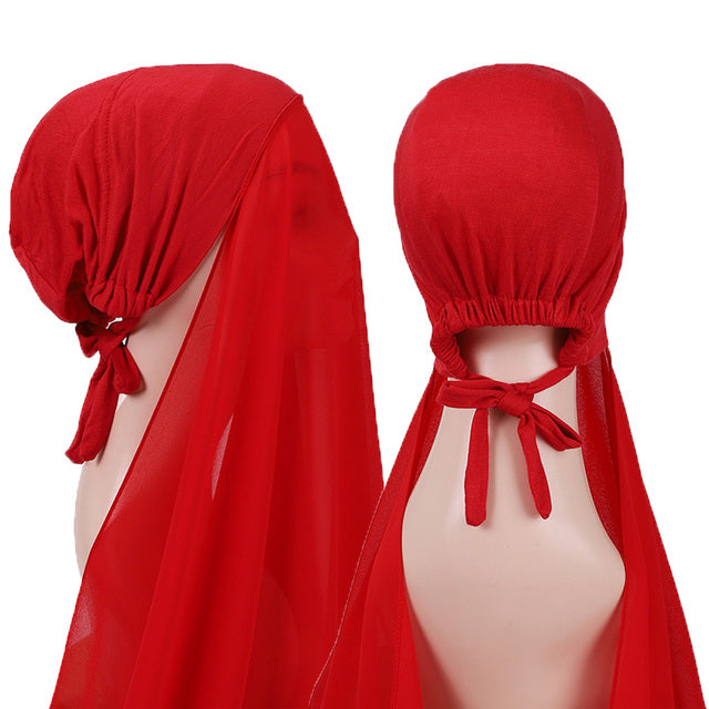 Chiffon Hijab With Bonnet Elastic Rope Cap Bubble Heavy Solid Color Inner Scarf Headband Stretch Hijab Cover Headwrap Turbante