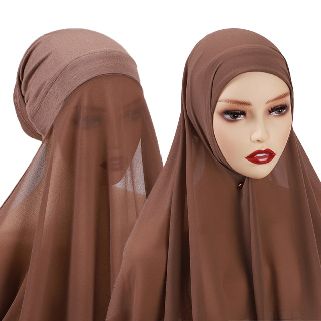 Chiffon Hijab With Bonnet Elastic Rope Cap Bubble Heavy Solid Color Inner Scarf Headband Stretch Hijab Cover Headwrap Turbante