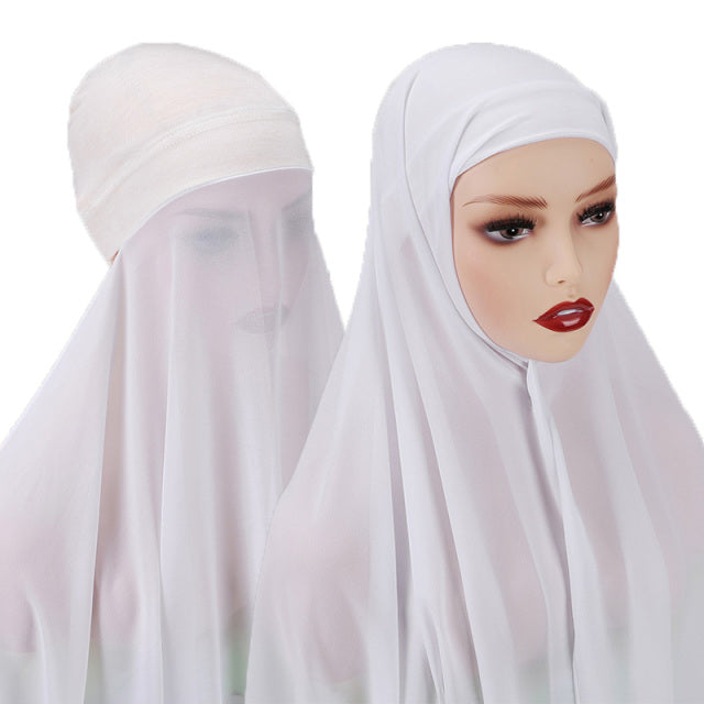 Chiffon Hijab With Bonnet Elastic Rope Cap Bubble Heavy Solid Color Inner Scarf Headband Stretch Hijab Cover Headwrap Turbante