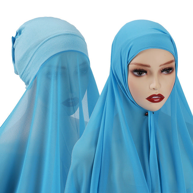 Chiffon Hijab With Bonnet Elastic Rope Cap Bubble Heavy Solid Color Inner Scarf Headband Stretch Hijab Cover Headwrap Turbante