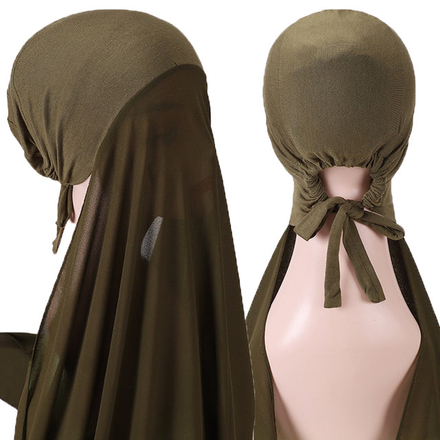 Chiffon Hijab With Bonnet Elastic Rope Cap Bubble Heavy Solid Color Inner Scarf Headband Stretch Hijab Cover Headwrap Turbante