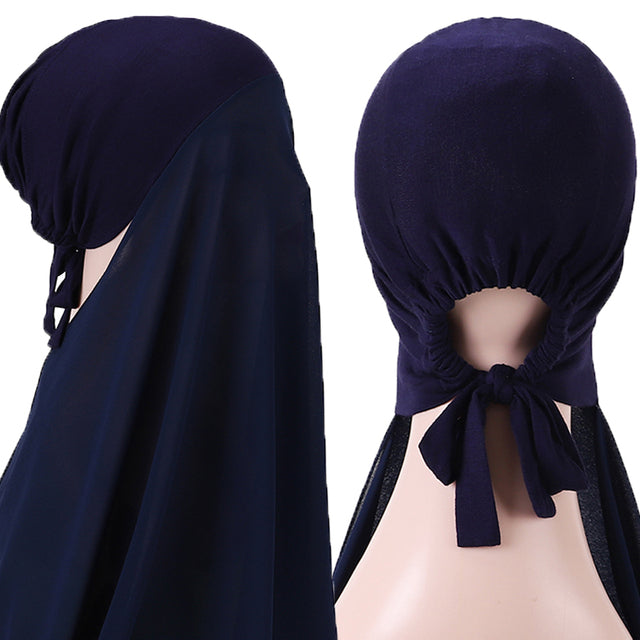 Chiffon Hijab With Bonnet Elastic Rope Cap Bubble Heavy Solid Color Inner Scarf Headband Stretch Hijab Cover Headwrap Turbante