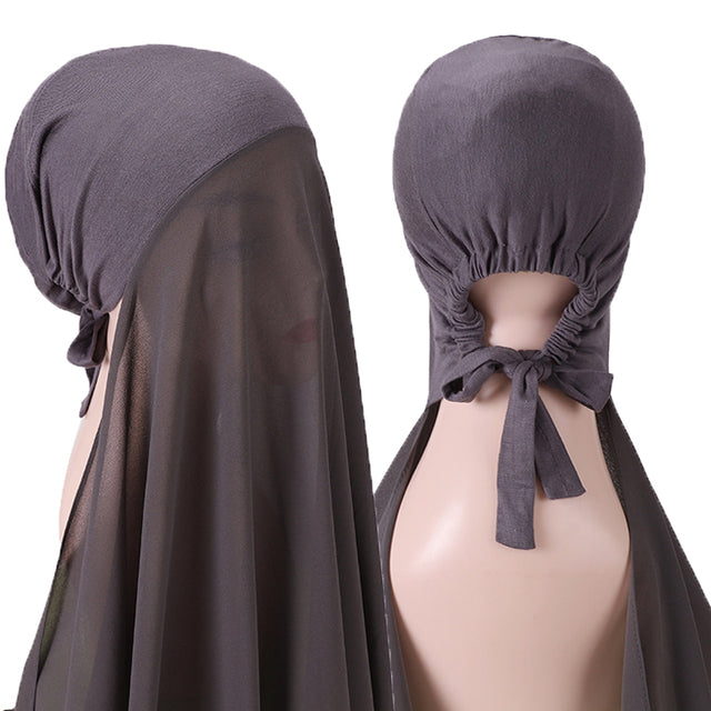 Chiffon Hijab With Bonnet Elastic Rope Cap Bubble Heavy Solid Color Inner Scarf Headband Stretch Hijab Cover Headwrap Turbante