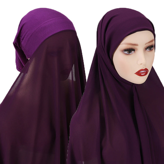 Chiffon Hijab With Bonnet Elastic Rope Cap Bubble Heavy Solid Color Inner Scarf Headband Stretch Hijab Cover Headwrap Turbante