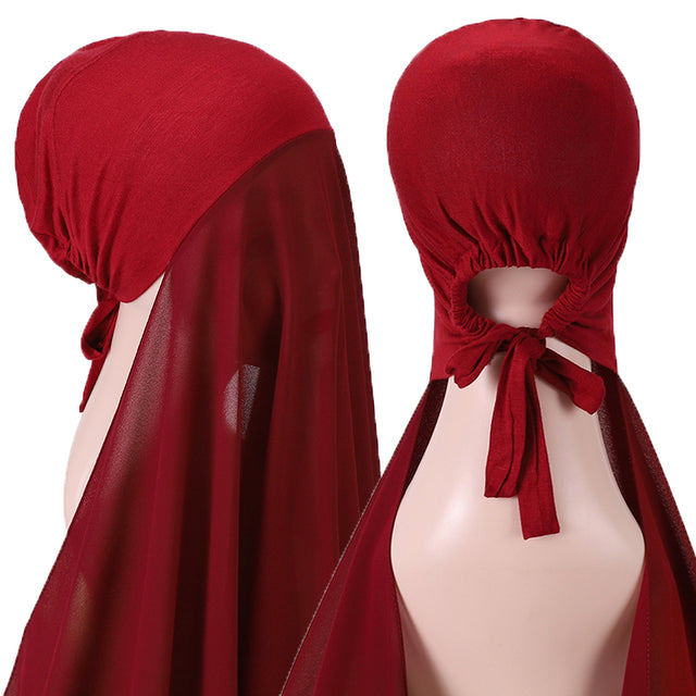 Chiffon Hijab With Bonnet Elastic Rope Cap Bubble Heavy Solid Color Inner Scarf Headband Stretch Hijab Cover Headwrap Turbante