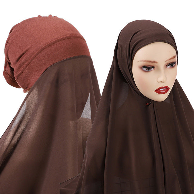 Chiffon Hijab With Bonnet Elastic Rope Cap Bubble Heavy Solid Color Inner Scarf Headband Stretch Hijab Cover Headwrap Turbante