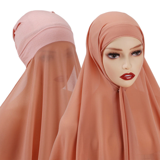 Chiffon Hijab With Bonnet Elastic Rope Cap Bubble Heavy Solid Color Inner Scarf Headband Stretch Hijab Cover Headwrap Turbante