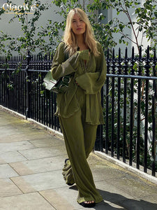 Clacive Elegant Green Pants Set Women Autumn Long Sleeve Blouses Matching Wide Trousers Suit Loose Shirts Two Piece Pant Set