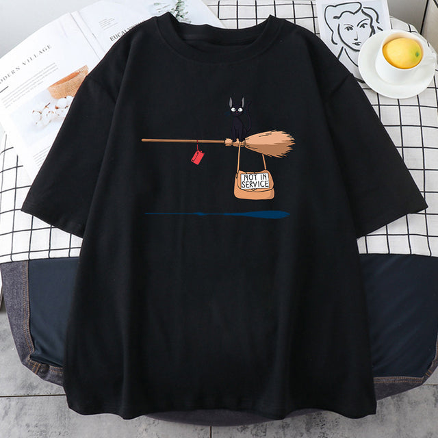 Cute Cat Not In Service Comics Printing Women Soft Cartoons Soft Tshirt Fashion Crewneck Tshirts Vintage Loose T Shirts Couple