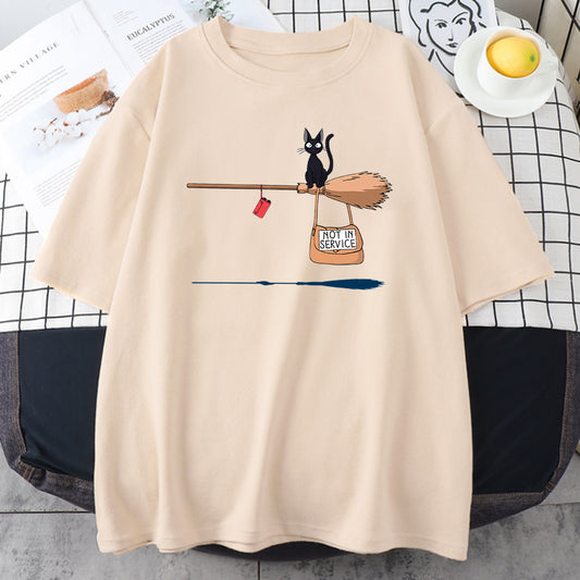 Cute Cat Not In Service Comics Printing Women Soft Cartoons Soft Tshirt Fashion Crewneck Tshirts Vintage Loose T Shirts Couple