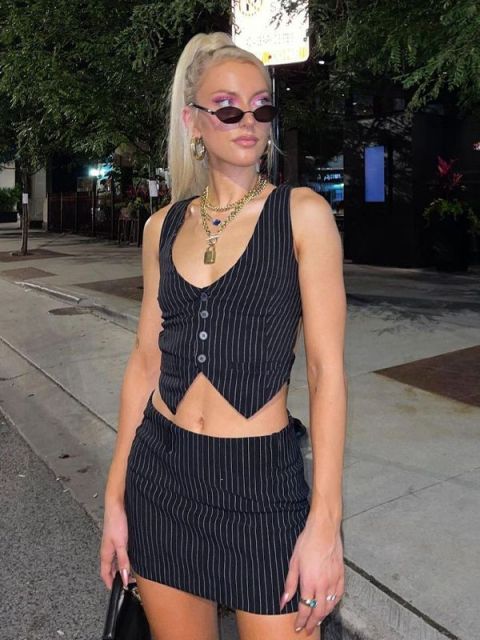 Dulzura Stripe Print Women 2 Pieces Irregular V Neck Vest Mini Skirt Set Streetwear Fashion Crop Top 2021 Autumn Winter Clothes