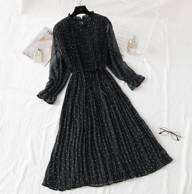 Elegant Polka Dot Women Dress Female Casual Flare Sleeve Office Chiffon Dot Print Dresses A-line Vintage Sweet Clothing Vestidos