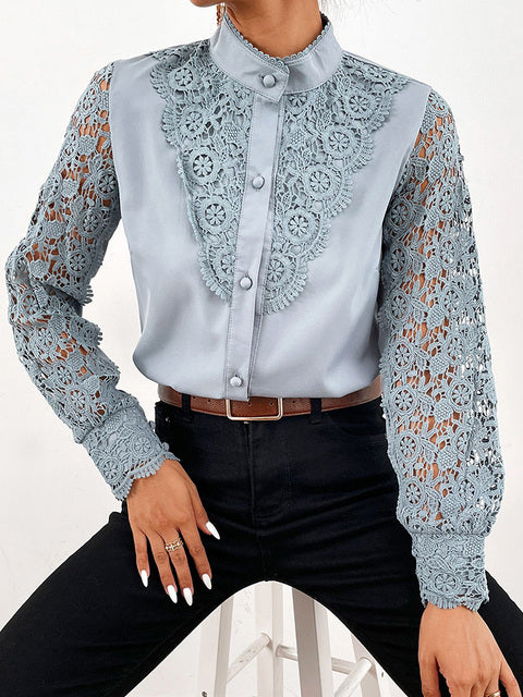 Elegant Women&#39;s Blouse Vintage Lace Spliced Long Sleeve Pink Button Up Woman Shirt Tops 2022 Fashion Casual Ladies Blouses Top