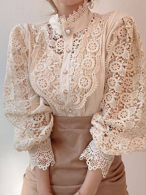 Elegant Women&#39;s Blouse Vintage Lace Spliced Long Sleeve Pink Button Up Woman Shirt Tops 2022 Fashion Casual Ladies Blouses Top