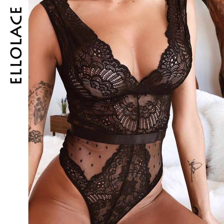 Ellolace Summer Lace Bodysuit Women Embroidery Transparent Deep V Neck Sexy Bodys Dot Bodycon Mesh Top Sleeveless Femlae Body