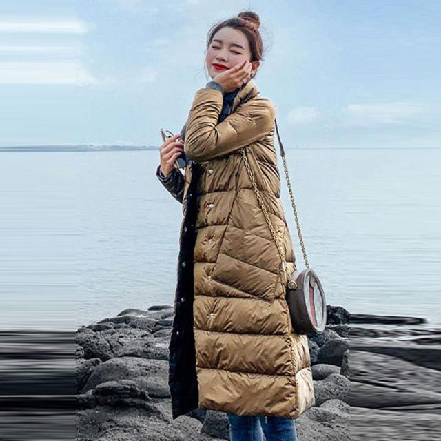 FTLZZ Women Double Sided Down Long Jacket Winter 90% White Duck Down Coat Double Breasted Warm Parkas Snow Outwear