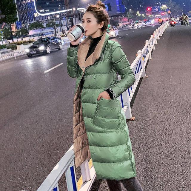 FTLZZ Women Double Sided Down Long Jacket Winter 90% White Duck Down Coat Double Breasted Warm Parkas Snow Outwear