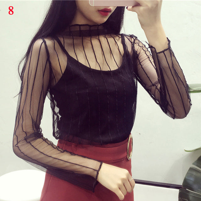 Fashion Brand New Hot Sexy Long Sleeve See Through Mesh Fishnet Casual Top Tee Shirt Sheer Black Lace Star Dots Tops Women 2022