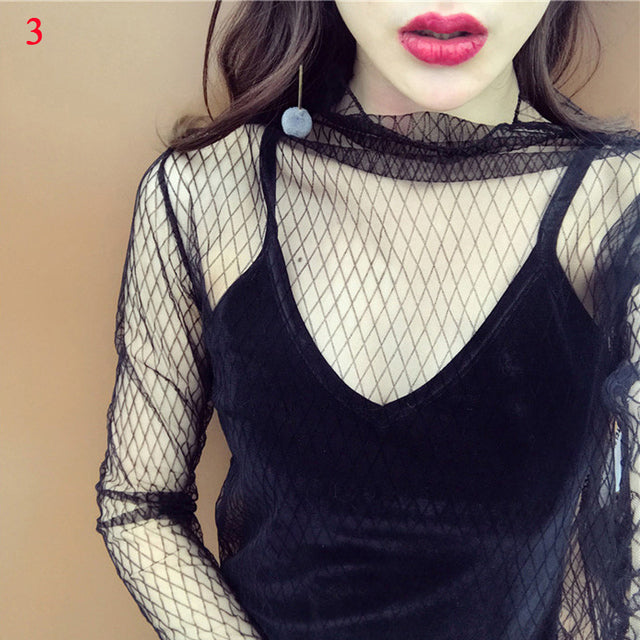 Fashion Brand New Hot Sexy Long Sleeve See Through Mesh Fishnet Casual Top Tee Shirt Sheer Black Lace Star Dots Tops Women 2022