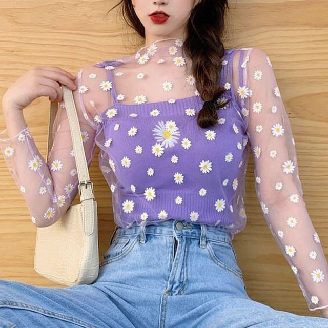 Fashion Brand New Hot Sexy Long Sleeve See Through Mesh Fishnet Casual Top Tee Shirt Sheer Black Lace Star Dots Tops Women 2022