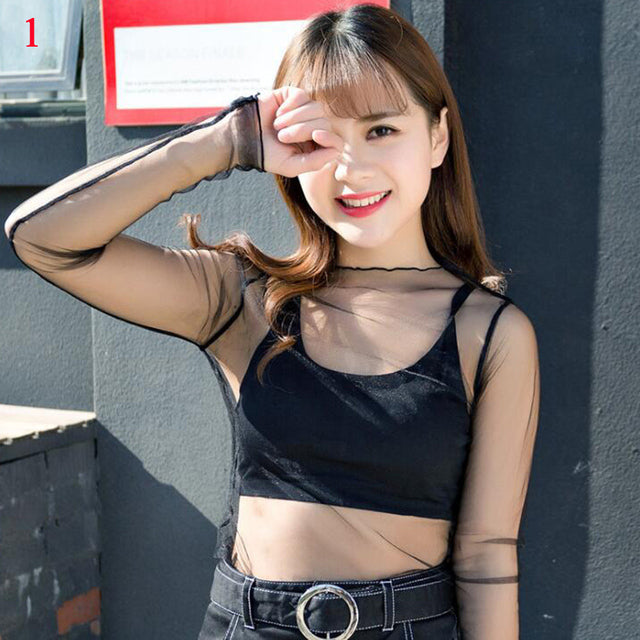 Fashion Brand New Hot Sexy Long Sleeve See Through Mesh Fishnet Casual Top Tee Shirt Sheer Black Lace Star Dots Tops Women 2022