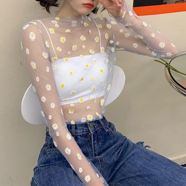 Fashion Brand New Hot Sexy Long Sleeve See Through Mesh Fishnet Casual Top Tee Shirt Sheer Black Lace Star Dots Tops Women 2022