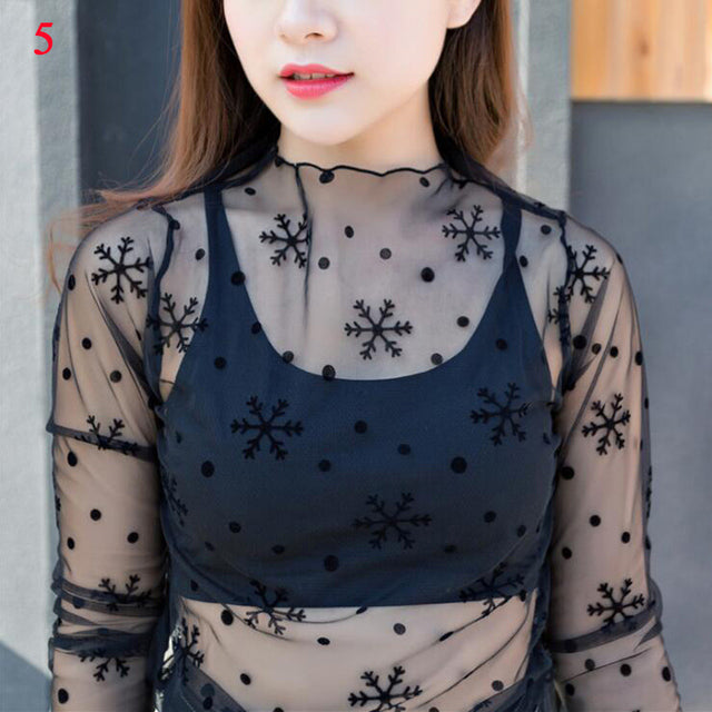 Fashion Brand New Hot Sexy Long Sleeve See Through Mesh Fishnet Casual Top Tee Shirt Sheer Black Lace Star Dots Tops Women 2022