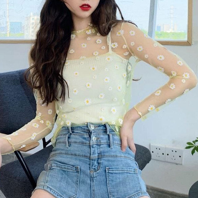 Fashion Brand New Hot Sexy Long Sleeve See Through Mesh Fishnet Casual Top Tee Shirt Sheer Black Lace Star Dots Tops Women 2022