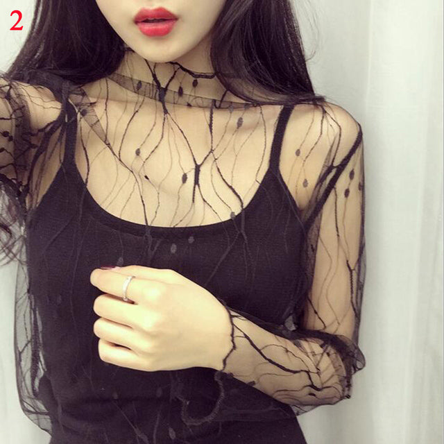 Fashion Brand New Hot Sexy Long Sleeve See Through Mesh Fishnet Casual Top Tee Shirt Sheer Black Lace Star Dots Tops Women 2022