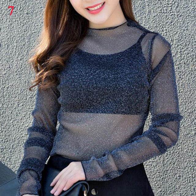 Fashion Brand New Hot Sexy Long Sleeve See Through Mesh Fishnet Casual Top Tee Shirt Sheer Black Lace Star Dots Tops Women 2022