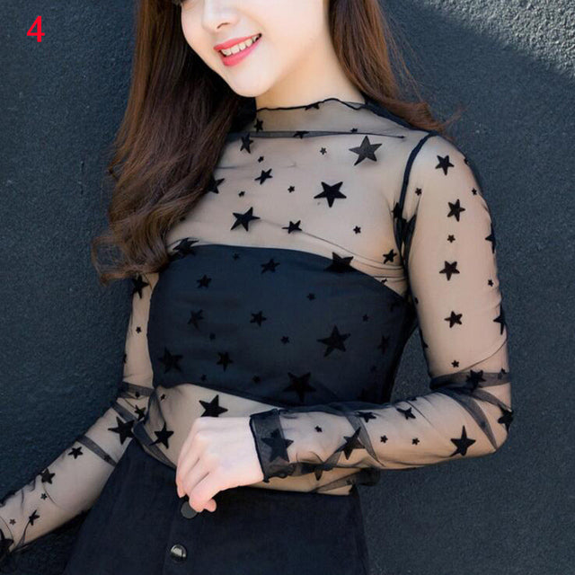 Fashion Brand New Hot Sexy Long Sleeve See Through Mesh Fishnet Casual Top Tee Shirt Sheer Black Lace Star Dots Tops Women 2022