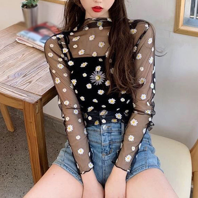 Fashion Brand New Hot Sexy Long Sleeve See Through Mesh Fishnet Casual Top Tee Shirt Sheer Black Lace Star Dots Tops Women 2022